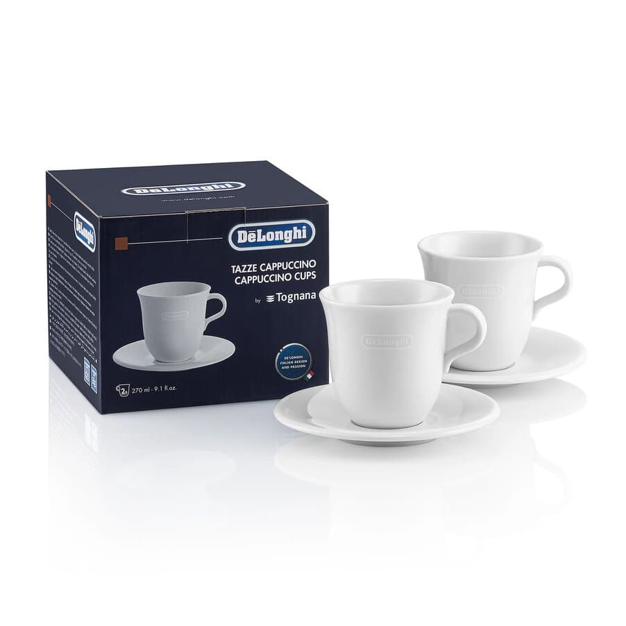 De'Longhi Italian Cappuccino Cups & Saucers, Porcelain, 9 oz, Set of 2