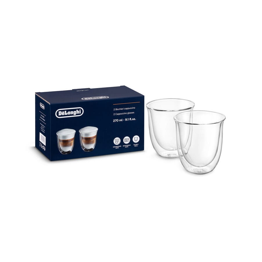 De'Longhi Cappuccino Cups, Double Wall Thermal Glasses, 9 oz, Set of 2
