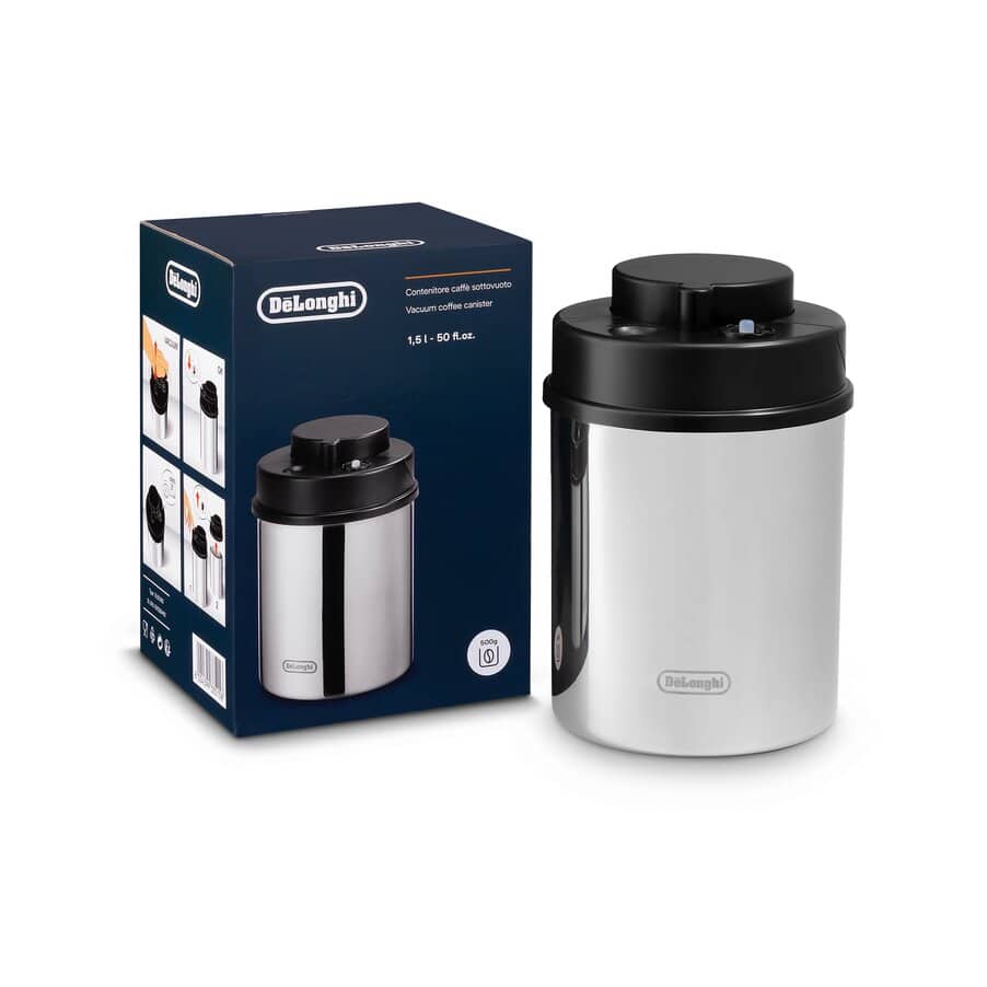 De'Longhi Coffee Canister, Manual Vacuum Sealed Storage Container, Stainless Steel (Holds 1 LB / 500 g)