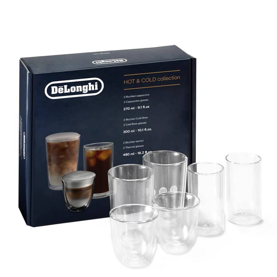 De'Longhi Hot & Cold Glassware Collection (Set of 6 Double Wall Thermal Glasses) 2 Cappuccino, 2 Cold Brew Large, 2 Thermal Large